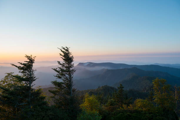 연기가 자욱한 산에 마운트 leconte에 일출 - great smoky mountains great smoky mountains national park panoramic sunrise 뉴스 사진 이미지