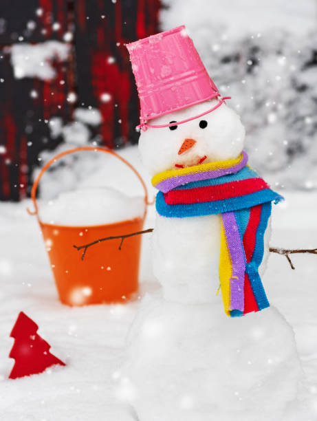 istock snowman with a bucket on his head on white snow 1078252230