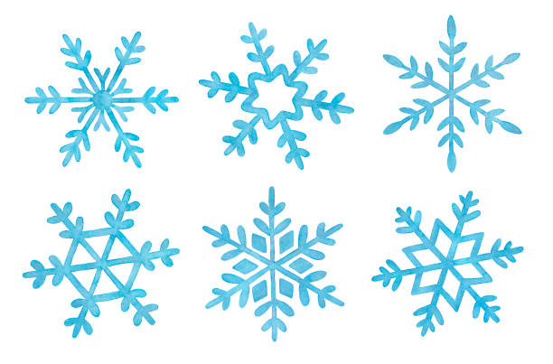 Collection of six different watercolor snowflakes. Light blue color, delicate shimmer effect. Hand drawn water color painting on white, cutout decorative clip art elements for decoration and design. december clipart pictures stock illustrations