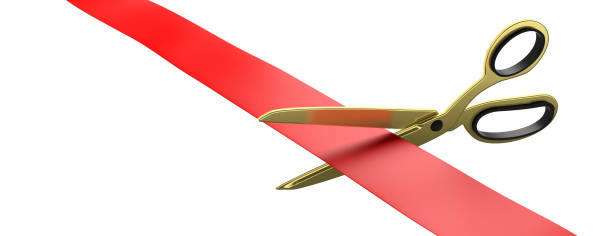 Scissors cutting red silk ribbon isolated cutout against white background, banner. 3d illustration Grand opening concept. Gold scissors cutting red silk ribbon isolated cutout against white background, banner. 3d illustration gold scissors stock pictures, royalty-free photos & images