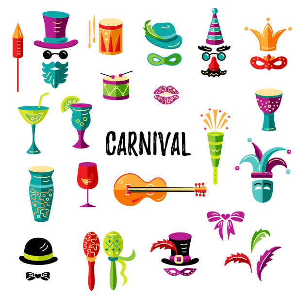 vektor-icons set mit karneval und festlichen themen - music human lips happiness enjoyment stock-grafiken, -clipart, -cartoons und -symbole