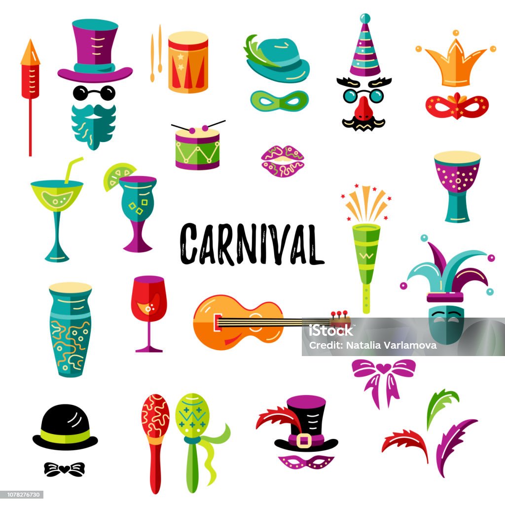 Vector icons set with carnival and celebratory subjects Carnival and celebratory subjects, masks, musical instruments, fireworks, drinks, confetti Vector icons set Carnival - Celebration Event stock vector