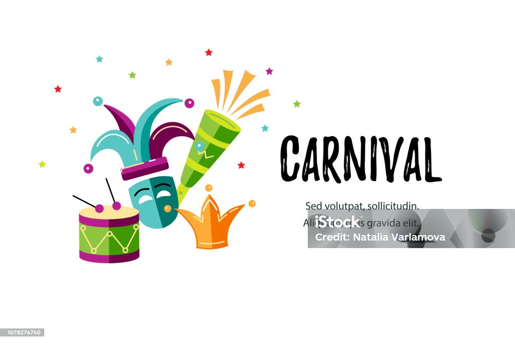 Ilustración de vector con carnaval y objetos de celebración. - arte vectorial de Carnaval - Evento de celebración libre de derechos