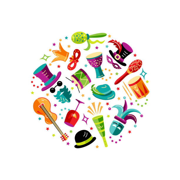 vektor-illustration mit karneval und festlichen objekte - music human lips happiness enjoyment stock-grafiken, -clipart, -cartoons und -symbole