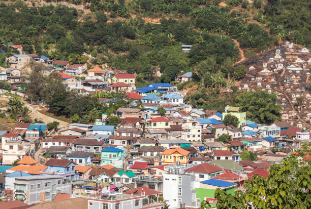 istock Landscape view over Tachileik community myanmar between border thai -  myanmar from Wat Prathat Doi Wao temple view point  at Maesai, Chiangrai, Thailand 1078277218