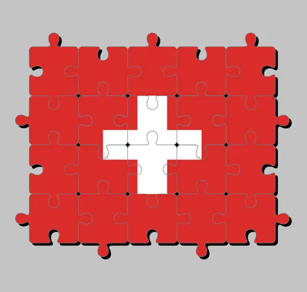 Vector illustration of Jigsaw puzzle of Switzerland flag in consists of a red flag with a white cross in the center.