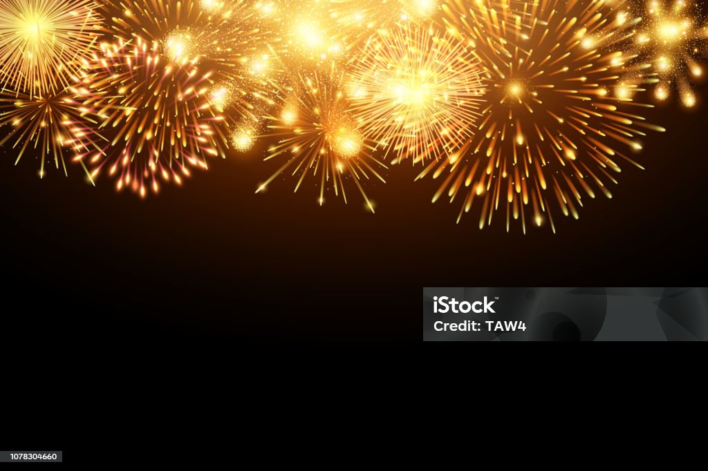 Collection de feu d’artifice et effets spéciaux de fluo isolé sur noir, Happy new year 2019 et concept célébration - clipart vectoriel de Pétard libre de droits