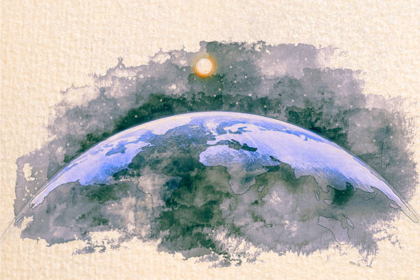 Stylized By Watercolor Sketch Painting Of World Map Silhouette Dome Of The Planet Earth In An Outer Space On A Textured Paper Retro Style Postcard Collage Stock Illustration - Download Image Now - Stylized By Watercolor Sketch Painting Of World Map Silhouette Dome Of The Planet Earth In An Outer Space On A Textured Paper Retro Style Postcard Collage Stock Illustration - Download Image Now -