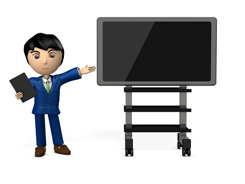 Young business man who presents with computer display and tablet terminal. 3D illustration