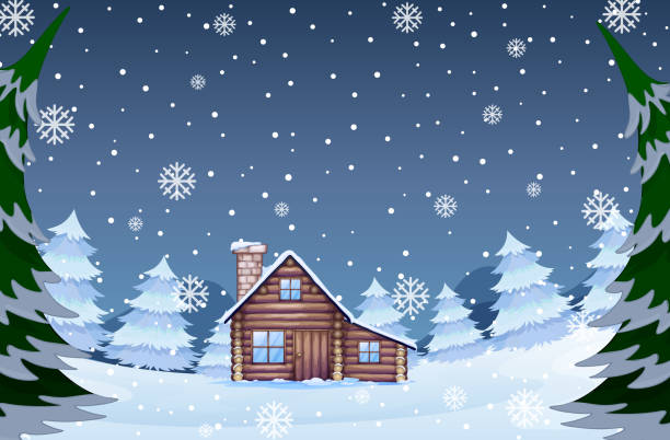 겨울 숲에 집 - cabin log log cabin winter stock illustrations