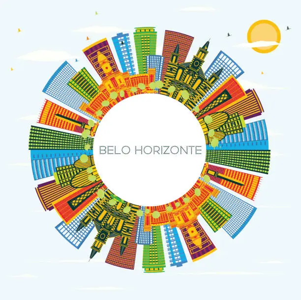 Vector illustration of Belo Horizonte Brazil Skyline with Color Buildings, Blue Sky and Copy Space.