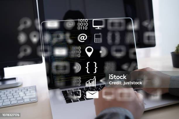 Man Work Coding Software Developer Programmer Is Coding On A Desktop ...