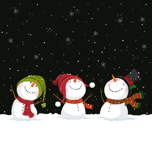 Vector illustration of Merry Christmas and New Year greeting card with snowmen