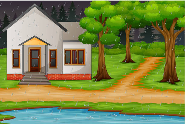 빗 속에서 호수 집 배경 장면 - lightning house storm rain stock illustrations