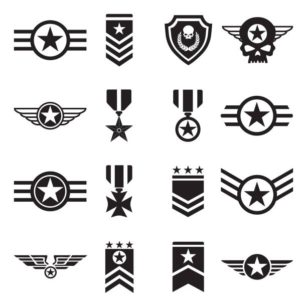 ikony odznak wojskowych. czarny płaski design. ilustracja wektorowa. - armed forces military insignia badge stock illustrations