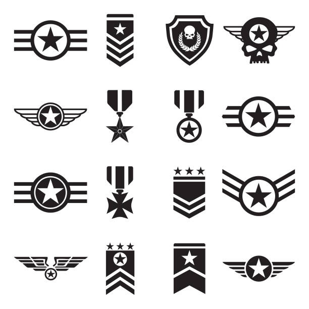 Military Badges Icons. Black Flat Design. Vector Illustration. Logo, Badge, Army, Force officer military rank stock illustrations