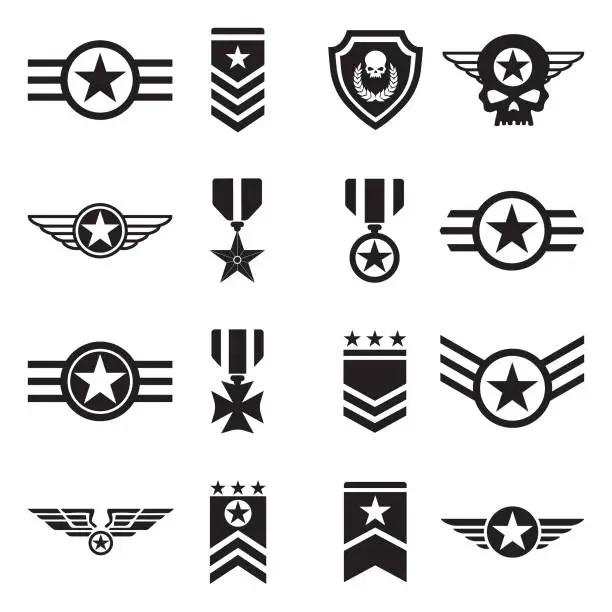 Vector illustration of Military Badges Icons. Black Flat Design. Vector Illustration.