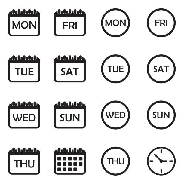 Days Of The Week Icons. Black Flat Design. Vector Illustration. Monday, Week, Day, Friday saturday stock illustrations