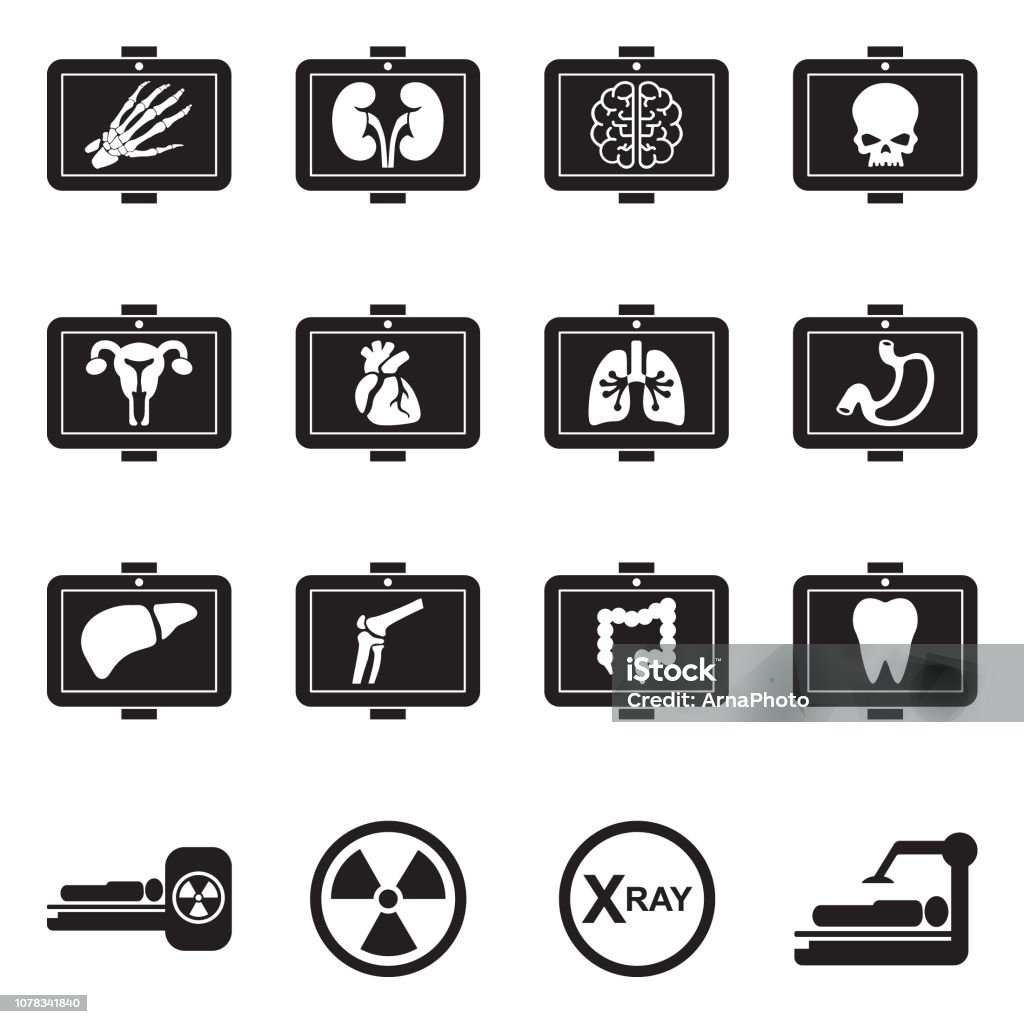 Medical X-Ray Icons. Black Flat Design. Vector Illustration. X-ray, Radiation, Hospital, RTG X-ray Image stock vector