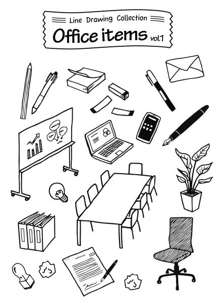 illustrazioni stock, clip art, cartoni animati e icone di tendenza di elementi di office 1 -raccolta di disegni a linee- - scrivania illustrazioni