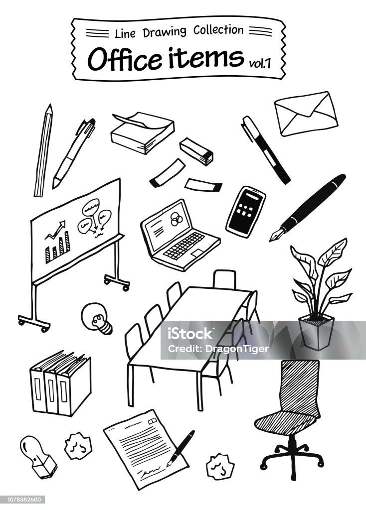 Office items 1 -Line Drawing Collection- Drawing - Activity stock vector