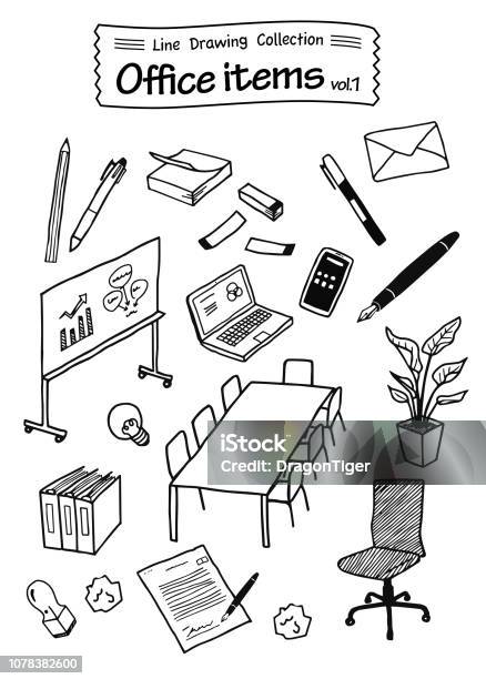 Office Items 1 Line Drawing Collection Stock Illustration - Download Image Now - Drawing - Activity, Office, Illustration