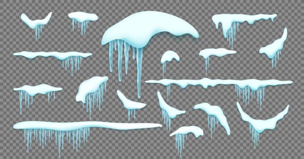 große reihe von realistisch schnee kappen, eiszapfen, schneeball und schneewehe isoliert auf weißem hintergrund. - frozen image stock-grafiken, -clipart, -cartoons und -symbole