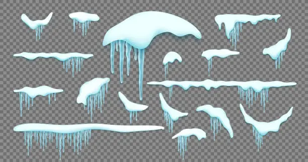 Vector illustration of Big set of realistic snow caps, icicles, snowball and snowdrift isolated over white background.