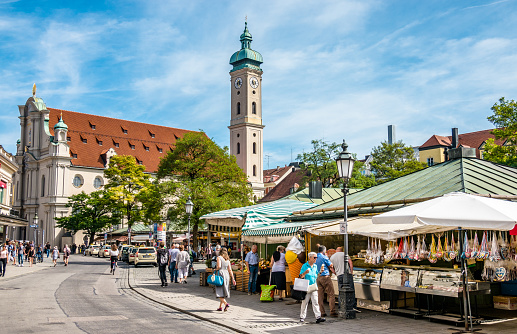 Munich, Germany - September 11: View of Viktualienmarkt a sunny day. It is a daily food market and a square in the center of Munich near Marienplatz on September 11, 2018