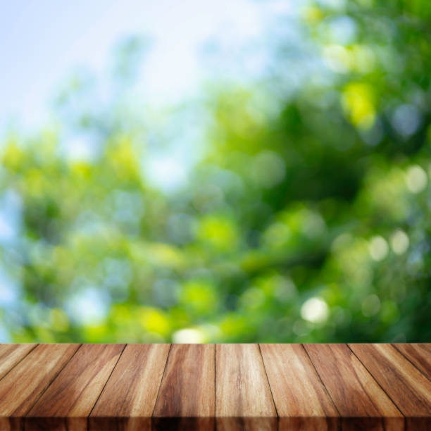 istock Wooden table on green bokeh background. 1078384804