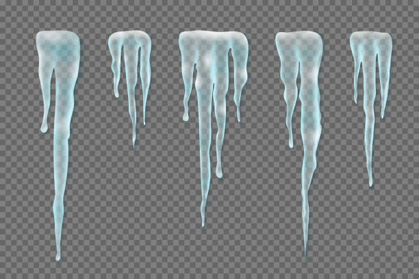 illustrazioni stock, clip art, cartoni animati e icone di tendenza di set di bordi realistici con ghiaccioli da neve su sfondo trasparente. elementi per il design natalizio, illustrazione vettoriale - icicle ice backgrounds melting