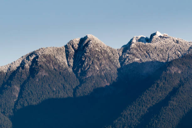 Sunrise view of the north shore mountains in Vancouver BC Canada after a light dusting of snow.
