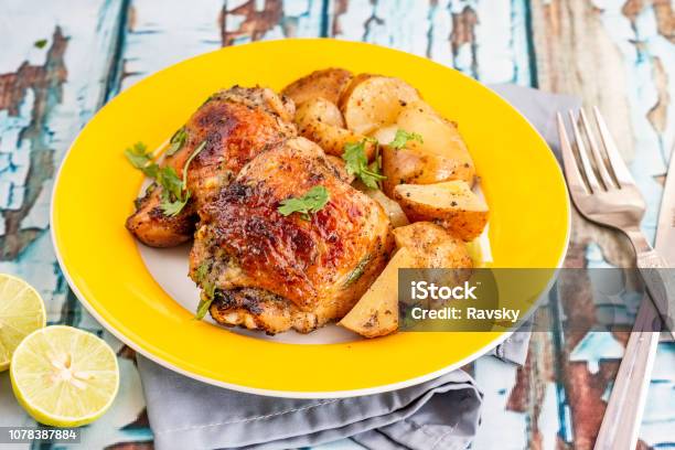 Roasted Chicken Thighs Stock Photo - Download Image Now - Grilled Chicken, Thigh - Human Leg, Crockery