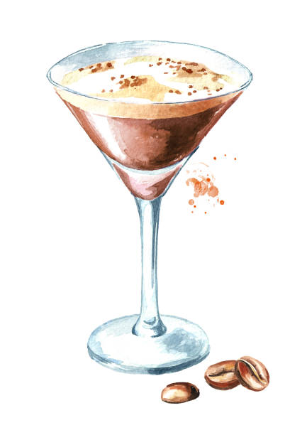 에 스 프레소 마티 니 coffe 곡물과 칵테일 흰색 배경에 고립 수채화 손으로 그린 그림 - martini stock illustrations