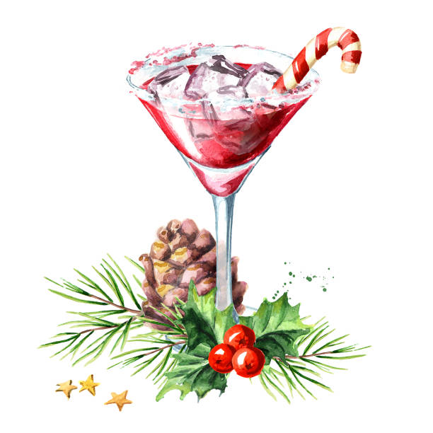 Red christmas martini with lollipop or candy cane and xmas composition. Watercolor hand drawn illustration, isolated on white background Red christmas martini with lollipop or candy cane and xmas composition. Watercolor hand drawn illustration, isolated on white background Gin stock illustrations