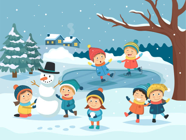 ilustrações de stock, clip art, desenhos animados e ícones de winter children scene - kids playing outdoor in the snow, making snowman, ice skating. winter landscape, christmas and new year greeting card. vector illustration in cartoon style - christmas snow child winter