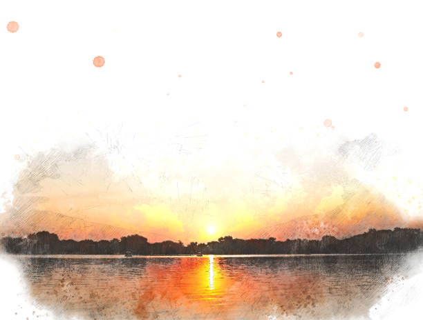 istock Abstract Sunset, Sunlight on watercolor background, digital painting and Digital illustration brush to art. 1078392014