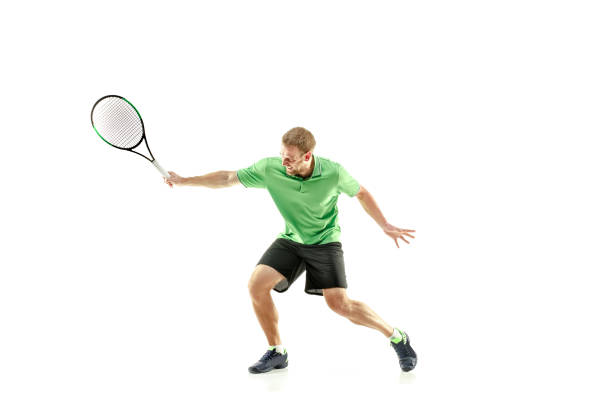 istock one caucasian man playing tennis player isolated on white background 1078392758
