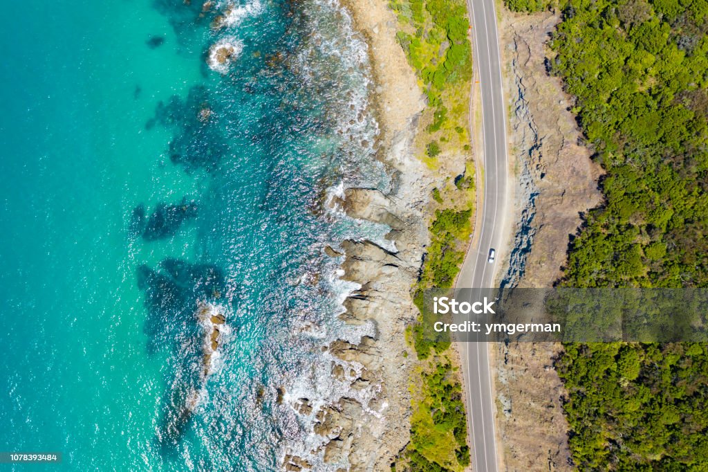 Great Ocean Road in Australia Top down aerial view of Great Ocean Road in Australia Australia Stock Photo