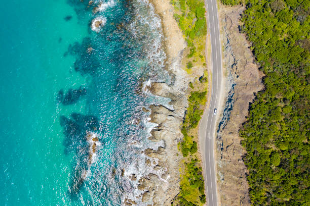 Great Ocean Road in Australia Top down aerial view of Great Ocean Road in Australia drone car on road stock pictures, royalty-free photos & images