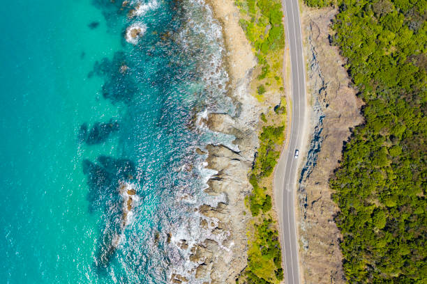 Great Ocean Road in Australia Top down aerial view of Great Ocean Road in Australia lorne stock pictures, royalty-free photos & images