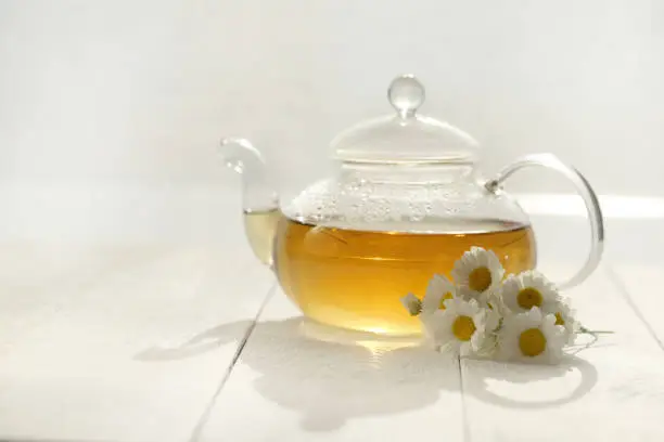 Chamomile tea in a transparent teapots and white daisy flowers on a white wooden board background.Organic teas for health