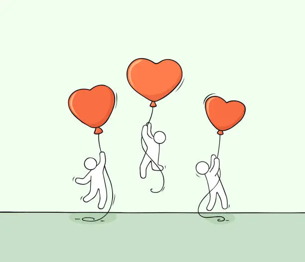 Vector illustration of little people with romantic balloons.