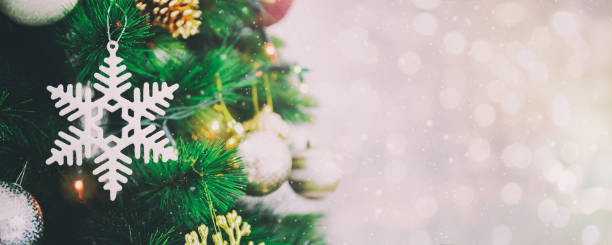 istock Snow flake decoration ornament on Christmas tree banner background with snowfall,blur bokeh and copy space - can be used for display or montage your products. 1078406760