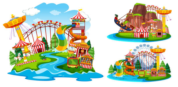 illustrazioni stock, clip art, cartoni animati e icone di tendenza di set di parco a tema isolato - ferris wheel immagine