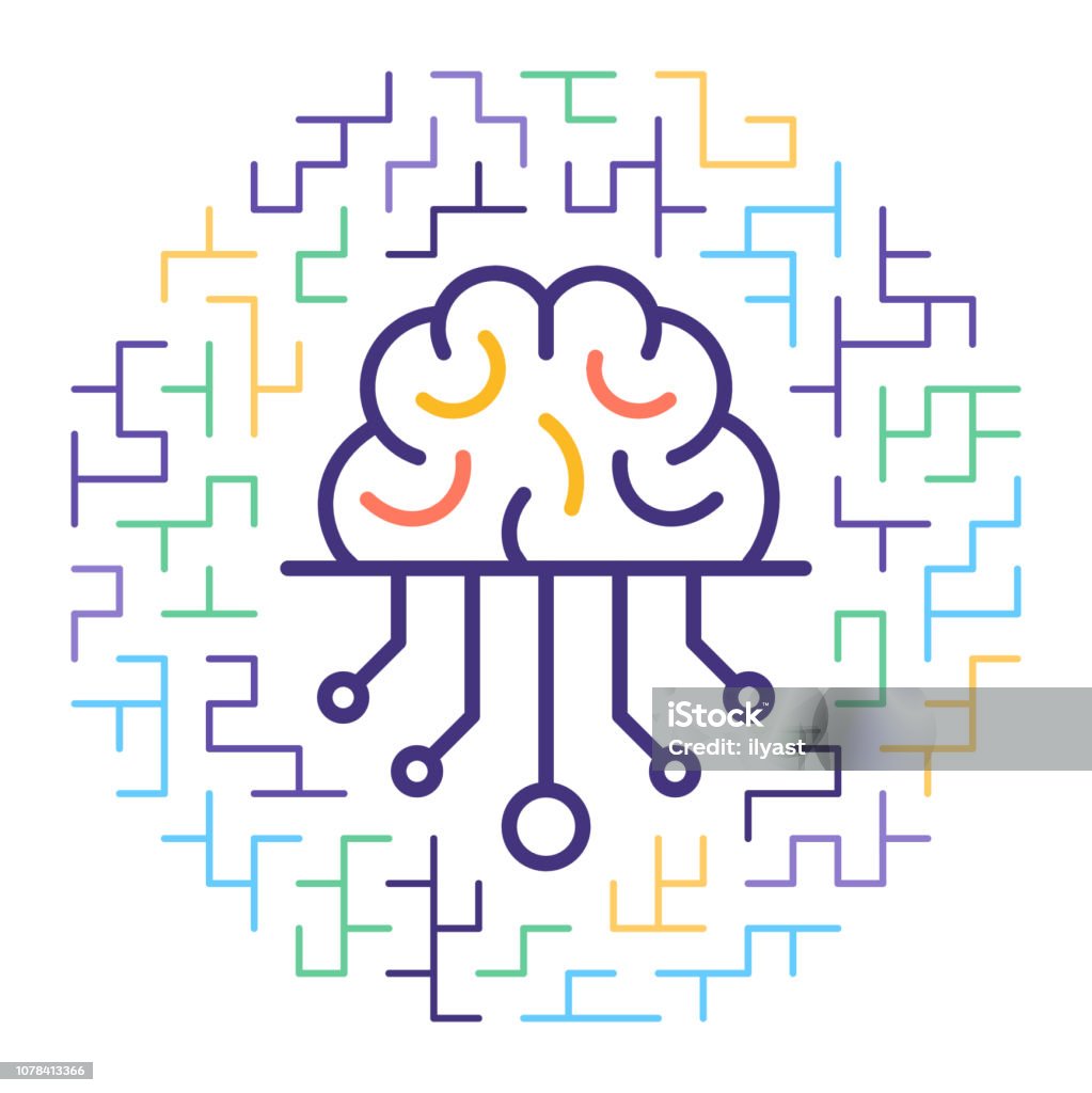 Smart Artificial Intelligence Line Icon Illustration Line vector icon illustration of smart brain artificial intelligence with maze like background. Machine Learning stock vector