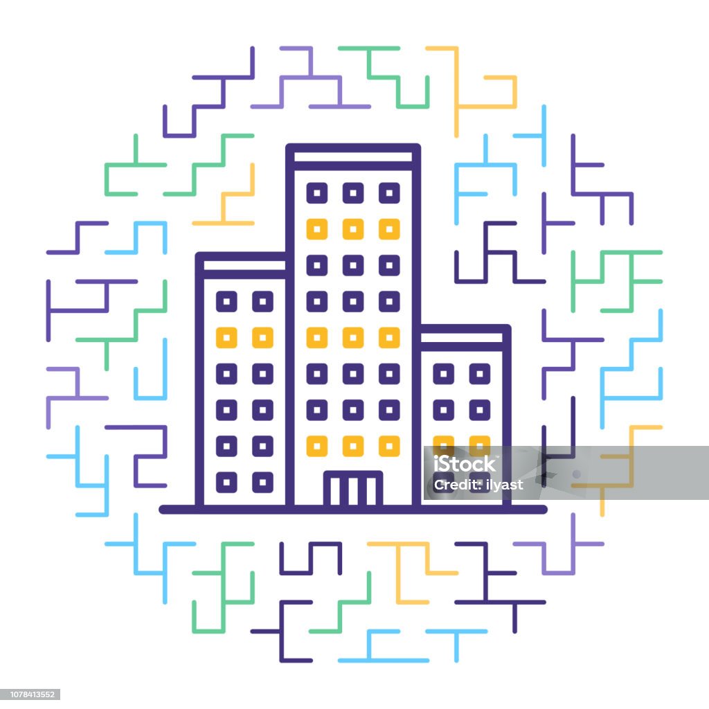 Smart Housing Certification Process Line Icon Illustration Line vector icon illustration of smart housing certification process with maze like background. House stock vector