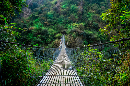 Front view of suspension bridge in Nepal, Langtang valley