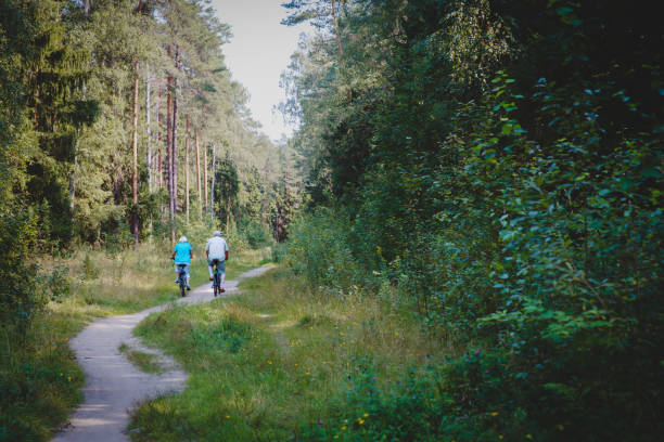 istock active senior couple riding bikes in nature 1078418552
