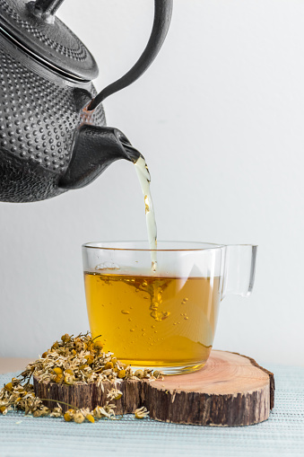 Pouring Chamomile Tea  from the Tea Kettle